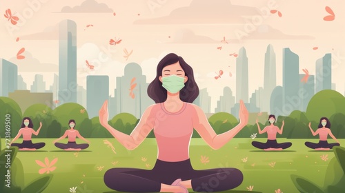 Female group wearing protective medical mask practicing yoga outdoors in park. Illustration. Women sitting in lotos pose during yoga fitness class with coach.