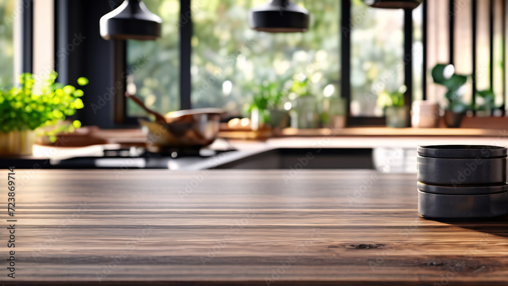 wooden table in front of blurred kitchen wooden table in front of blurred kitchen