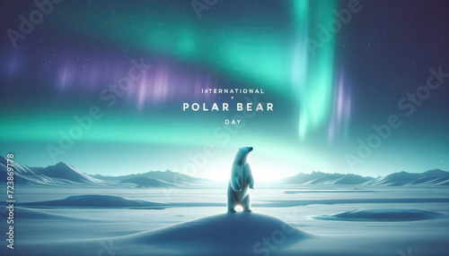 A polar bear under the northern lights. Beauty of the Arctic wilderness.International polar bear day.World Wildlife Day