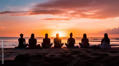 Silhouette of group of people meditating at sunset. People sitting relaxing in lotus pose during yoga class at beach. Rear view. Yoga retreat.