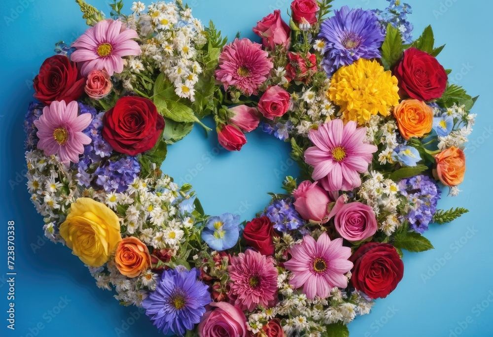 A floral heart on a blue backdrop, composed of various flowers in a rainbow of colors, viewed from the top A floral heart on a blue backdrop, composed of various flowers in a rainbow of colors, viewed from the top
