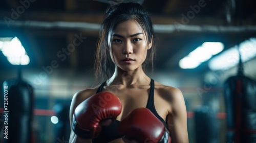 Close up portrait of determined strong young asian woman in red boxing gloves looking at camera with a serious look posing in ring. © liliyabatyrova