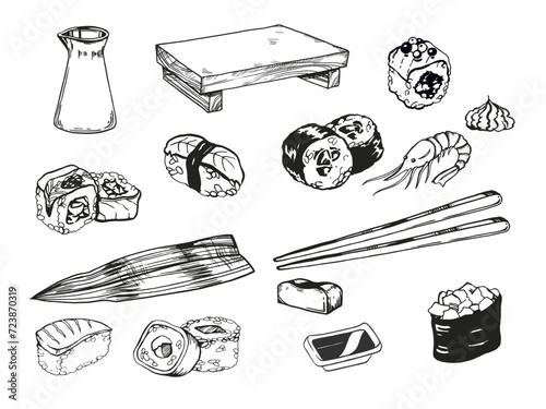 vector set of Japanese food theme with rolls, sushi, sashimi, soy sauce, chopsticks, bamboo leaves, wasabi, shrimp, hand drawn illustration, inked monochrome sketch of seafood on white background