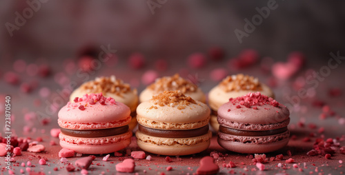 Artful macarons with chocolate filling and various toppings, surrounded by a scattering of sweet crumbs on a dark backdrop. 