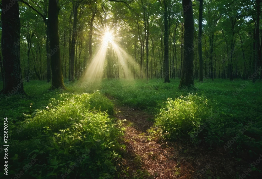 Fototapeta premium A green forest field where a beam of light reveals a heart, not ordinary but filled with the colors of fantasy.
