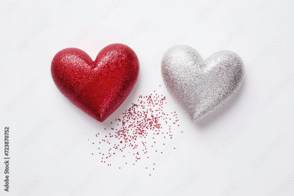 Valentine's Day. Red and silver glitter hearts on white background. Space for text.