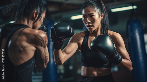 Strong fighter Asian young woman training with trainer at boxing gloves self defense lesson punching in gym. Workout, healthy activities concept.