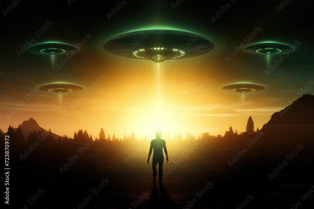 Yellow glowing spaceships, walking alien silhouette, dark UFO design. Generative ai