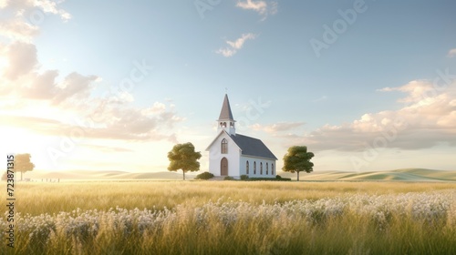 Church in the meadow with blue sky.