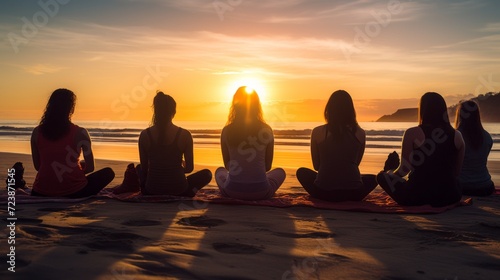 Silhouette of group of people meditating at sunset. Female sitting relaxing in lotus pose during yoga class at beach. Rear view. Yoga retreat.