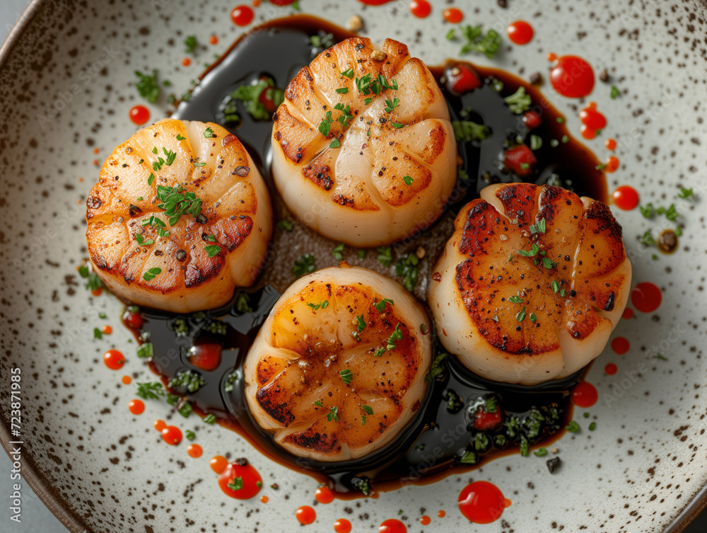 Scallops delicious meal in michelin star restaurant on white plate on white background