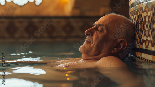 Mature man relaxing in turkish hammam.  photo