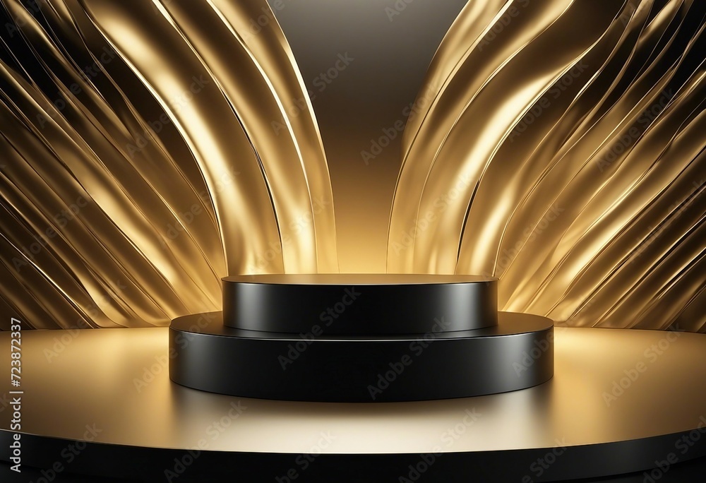 Gold black podium background 3D golden product line stage dark platform wave display Design podium b