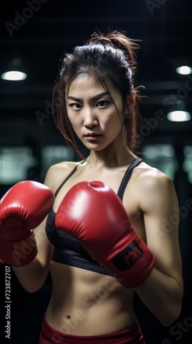 Vertical portrait of determined strong young asian woman in red boxing gloves looking at camera with a serious look posing in ring. Female fighter preparing for battle.