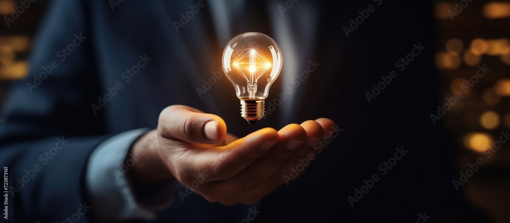 Businessman holding a glowing light bulb in his hands. Business innovation concept.