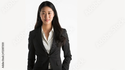 Smiling Asian businesswoman in a professional suit, standing confidently with crossed arms, exuding success and professionalism in a corporate office setting