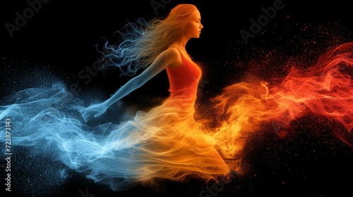 Ethereal woman with hair transitioning from fiery red to icy blue, embodying fire and ice.