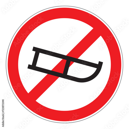 Vector red circle sign - black silhouette sled. Symbol of no entry. Isolated on white background.