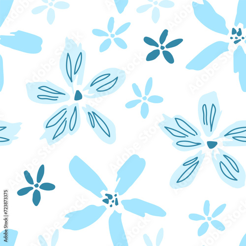 Floral calm vector seamless pattern. Light blue flowers on a white background. For printed fabrics, textiles, home decor. © MaxNadya