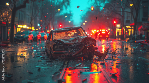 Wrecked car on a rain-soaked city street.