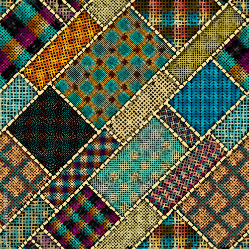 Imitation of a texture of rough canvas. Textile patchwork pattern. Seamless pattern.