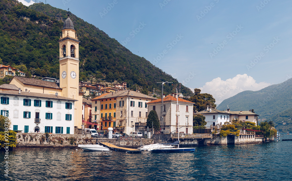 Laglio cityscape with the church of Saint George (chiesa di San Giorgio) in the Province of Como in Lombardy located on the western shore of the south-western branch of Lake Como in Italy.