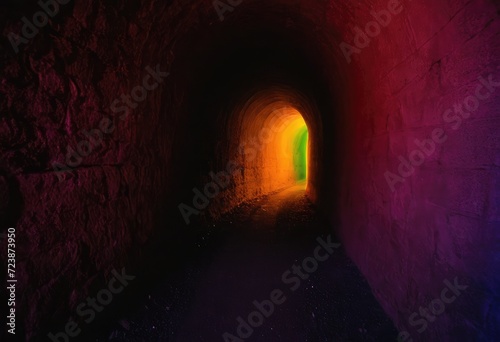 A journey through a dark tunnel with walls glowing in rainbow colors