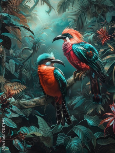 Couple of beautiful birds in a tropical forest  drawing illustration wallpaper
