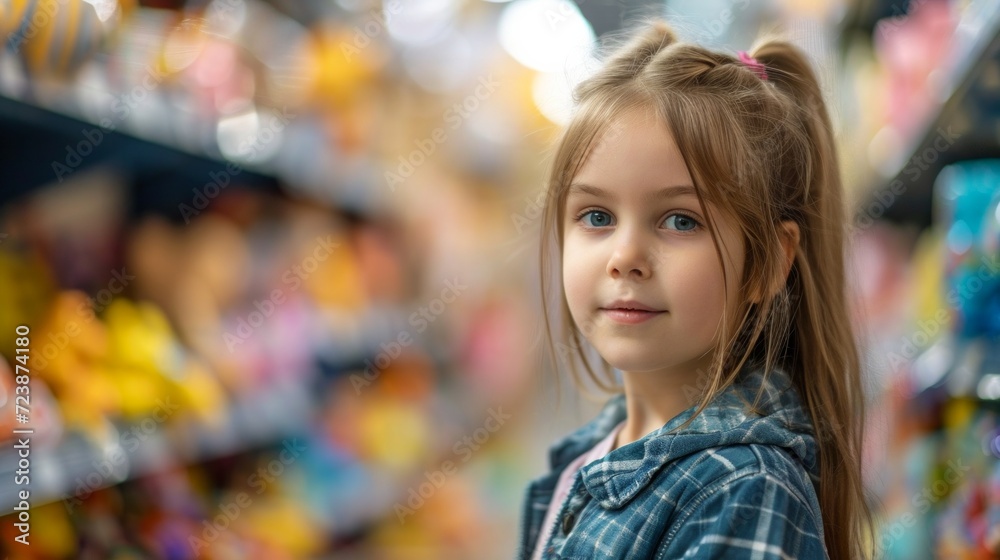 Little girl choosing toys in kids store Little girl choosing toys in kids store