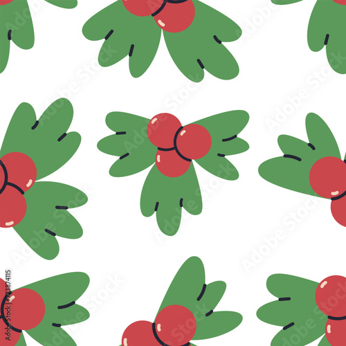 Red holly berries with leaves vector cartoon seamless pattern background for wallpaper, wrapping, packing, and backdrop.