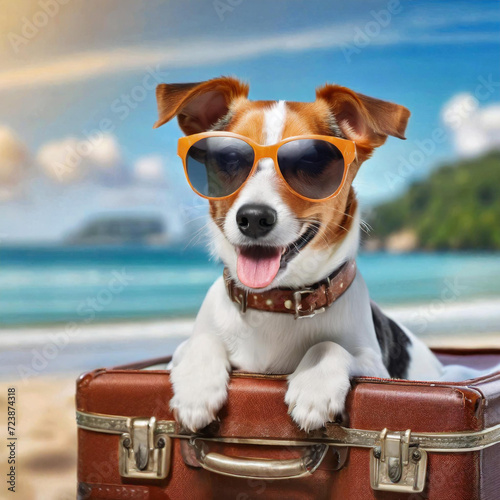 A jack russell terrier dog wearing sunglasses in suitcase in beach. travel and holiday concept, dog soaking up the sun and taking a snooze. This image embodies the ideas of summer and vacation. © Naji