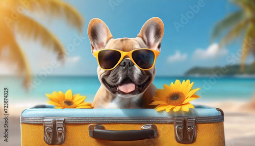 A French bulldog wearing sunglasses in suitcase in beach. travel and holiday concept, dog soaking up the sun and taking a snooze. This image embodies the ideas of summer and vacation. photo