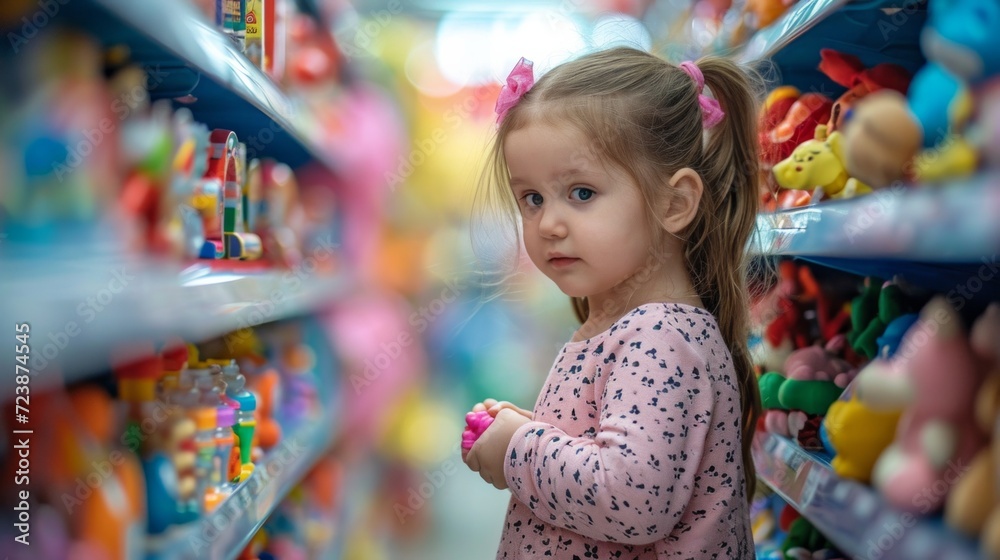 Fototapeta premium Little girl choosing toys in kids store