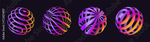 Set of techno 3d gradient figures, striped mesh models, spheres, y2k aesthetic decorations.