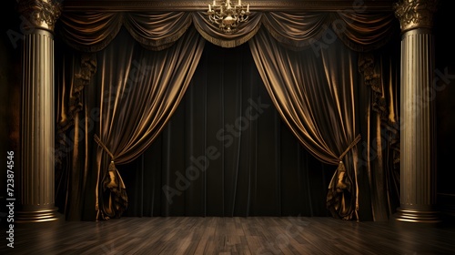 Theater stage with black gold velvet curtains 