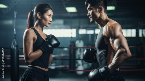 Asian woman training kick boxing with punching gloves with trainer at fitness gym. Boxing, training, self defense, workout concept.