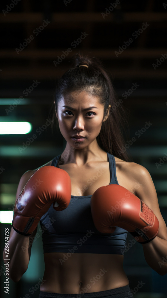 Beautiful strong young Asian lady kickboxing exercise, female fighter practice boxing in gym fitness class. Healthy lifestyle, sport concept.