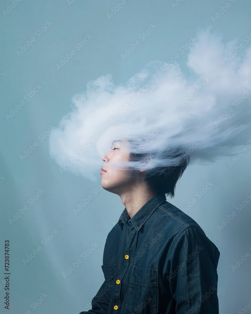 Creative portrait of a man with a cloud of smoke around his head, symbolizing thought, imagination, or mental state Creative portrait of a man with a cloud of smoke around his head, symbolizing thought, imagination, or mental state