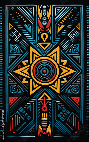 Bohemian colorful ethnic tribal pattern with geometric elements, African mud cloth, tribal design, bright colors, sun represented abstractly in the center. Conceptual design vector illustration.