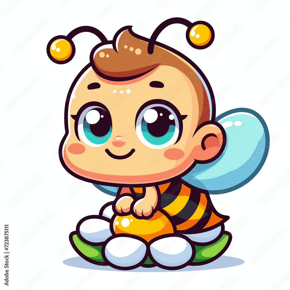 Cartoon character bee sitting on a flower, flat colors