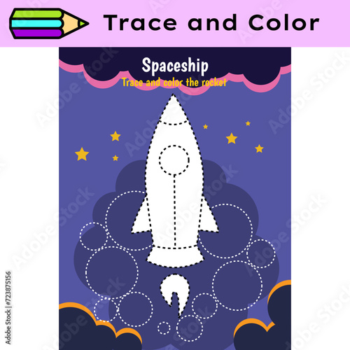 Pen tracing lines activity worksheet for children. Pencil control for kids practicing motoric skills. Rocket in space educational printable worksheet. Vector illustration.