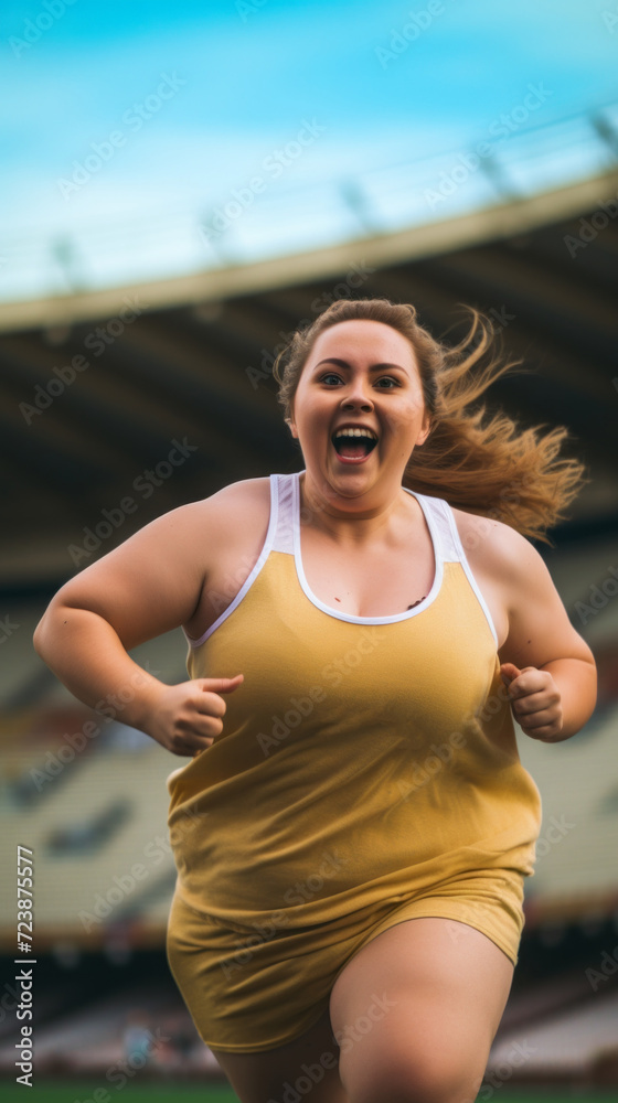 Fototapeta premium Happy cheerful active young oversized caucasian woman wearing sportswear jogging on stadium in the morning.