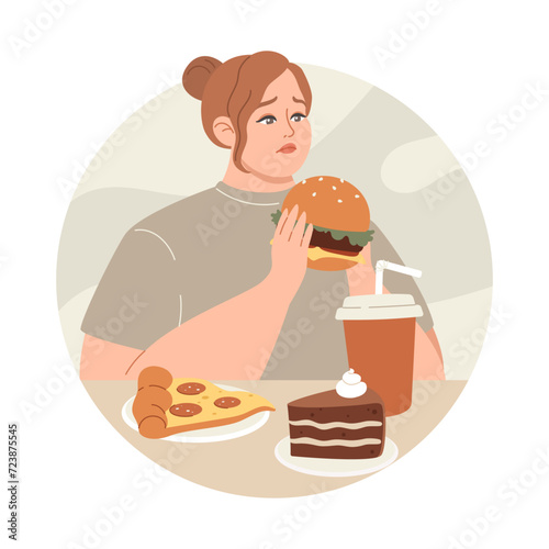 Overweight, bulimia, eating disorders. Young sad overweight woman eats junk food