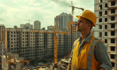 Construction Worker Surveying a High-Rise Development Project