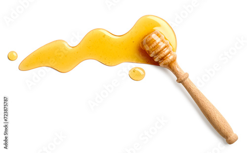 Honey splash with wooden honey dipper on white background