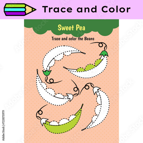 Pen tracing lines activity worksheet for children. Pencil control for kids practicing motoric skills. Sweet Pea educational printable worksheet. Vector illustration.