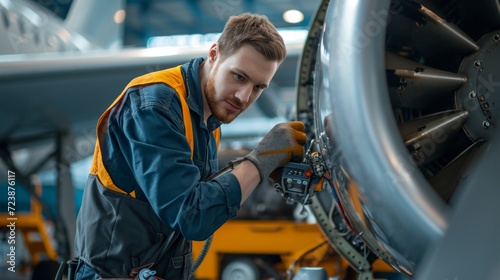 Specialist mechanic repairs the maintenance of large engine of passenger aircraft in hangar