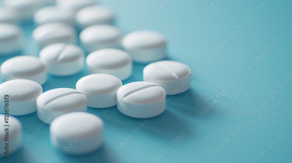 Closeup white medical pills on a blue background. Medicine for treatment. Pharmaceuticals Closeup white medical pills on a blue background. Medicine for treatment. Pharmaceuticals