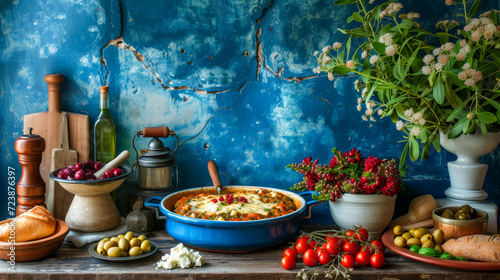 A Greek kitchen scene with olive oil, fresh produce, and vibrant flowers against a rustic blue background.