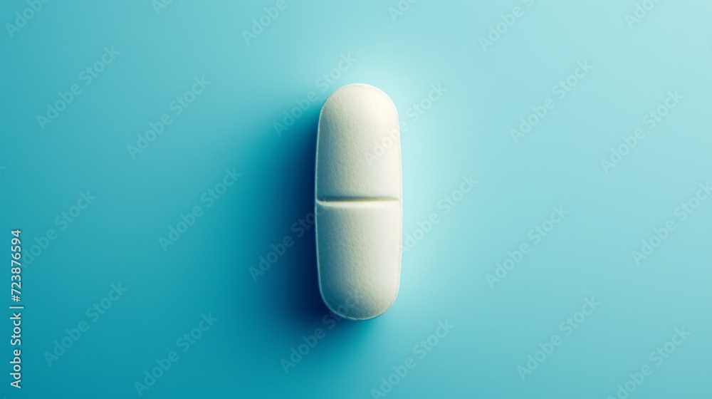 Closeup white medical pill on a blue background. Medicine for treatment. Pharmaceuticals Closeup white medical pill on a blue background. Medicine for treatment. Pharmaceuticals